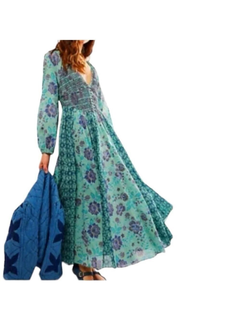 Free People A New Way Boho Maxi Dress XS Teal Floral print Open Back Cottagecore